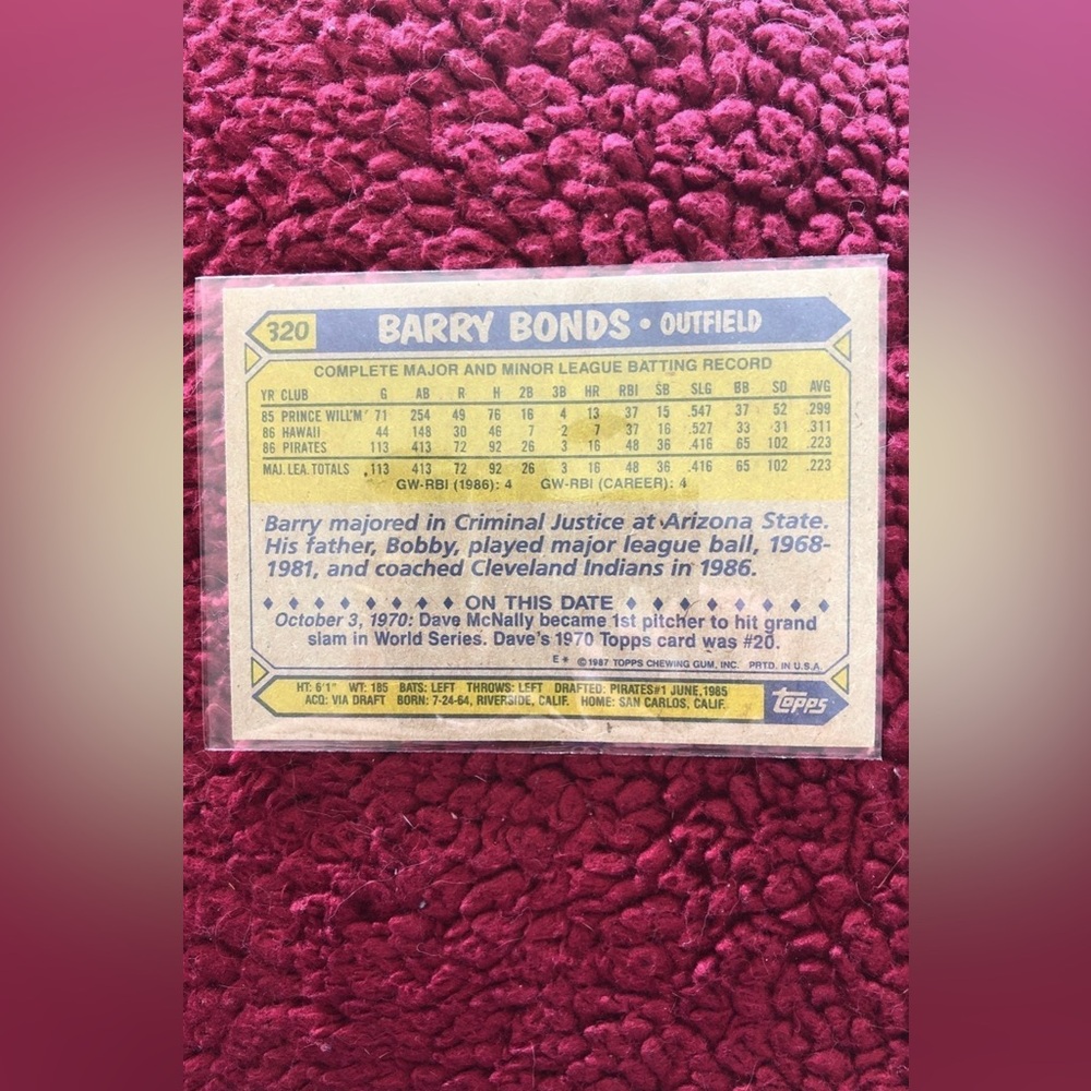 Error Card Barry Bonds Rookie 1987 Topps #320 - Picture 7 of 7